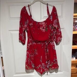 Vibrant Red Floral Romper with Belt